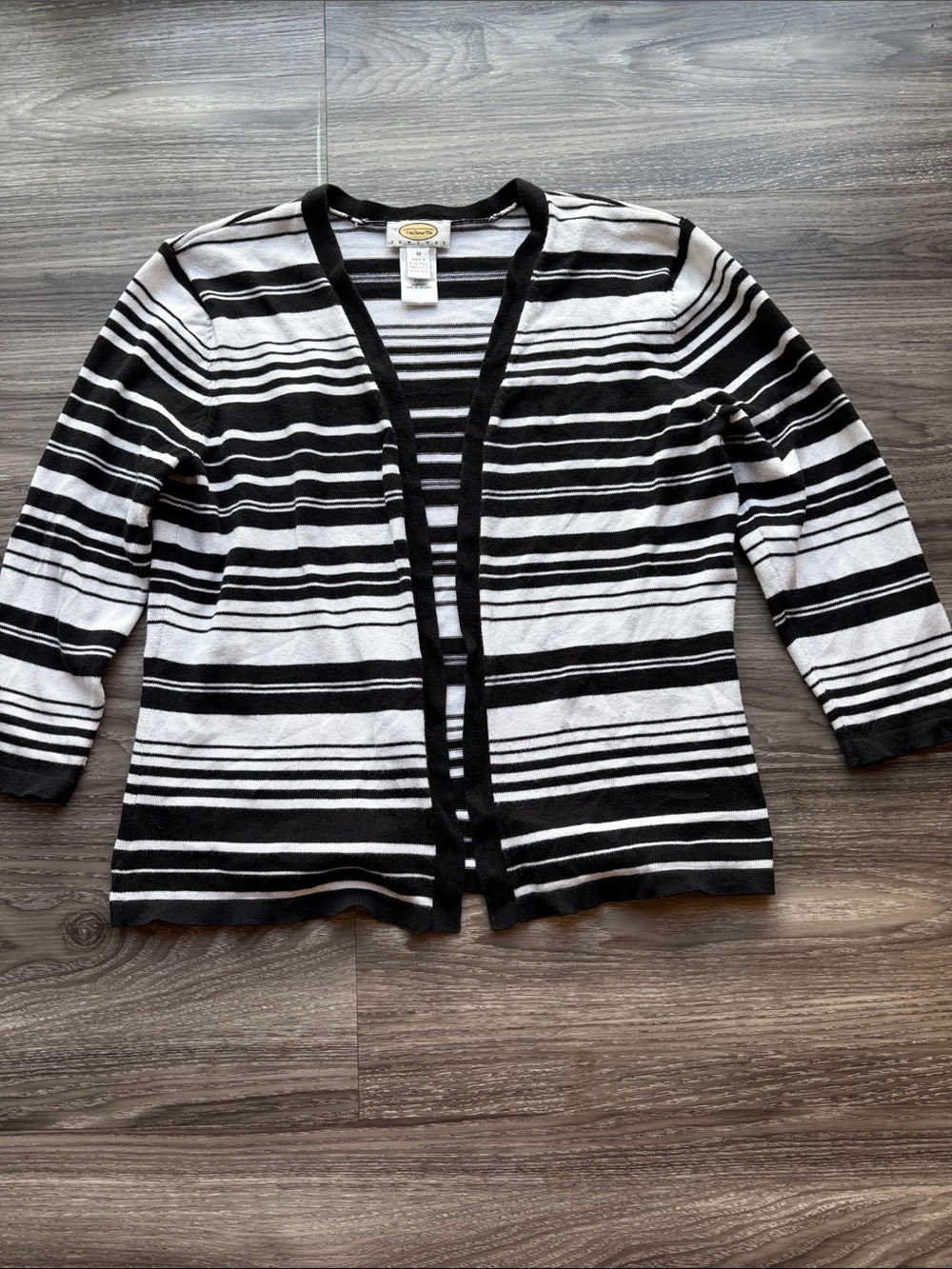 Talbots Black and White Striped Open-Front Cardigan M